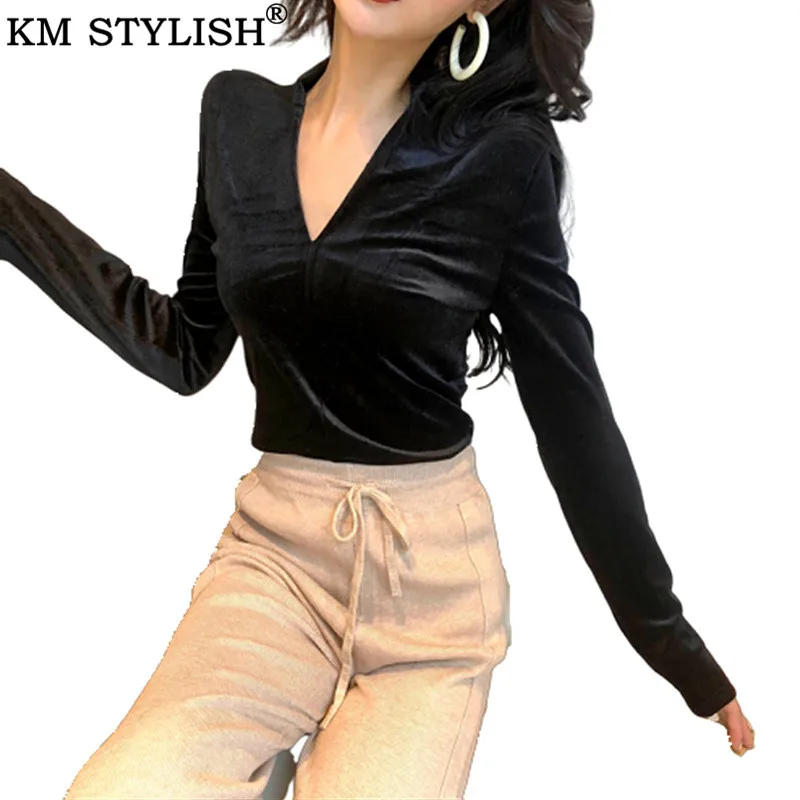 Женская Нижняя футболка 2019 осень/зима новая с v-образным вырезом длинный рукав