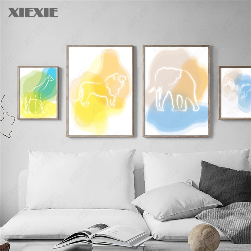 

Line Drawing Animal Elephant Lion Giraffe Horse Wall Art Canvas Painting Nordic Posters and Prints Wall Pictures Kids Room Decor