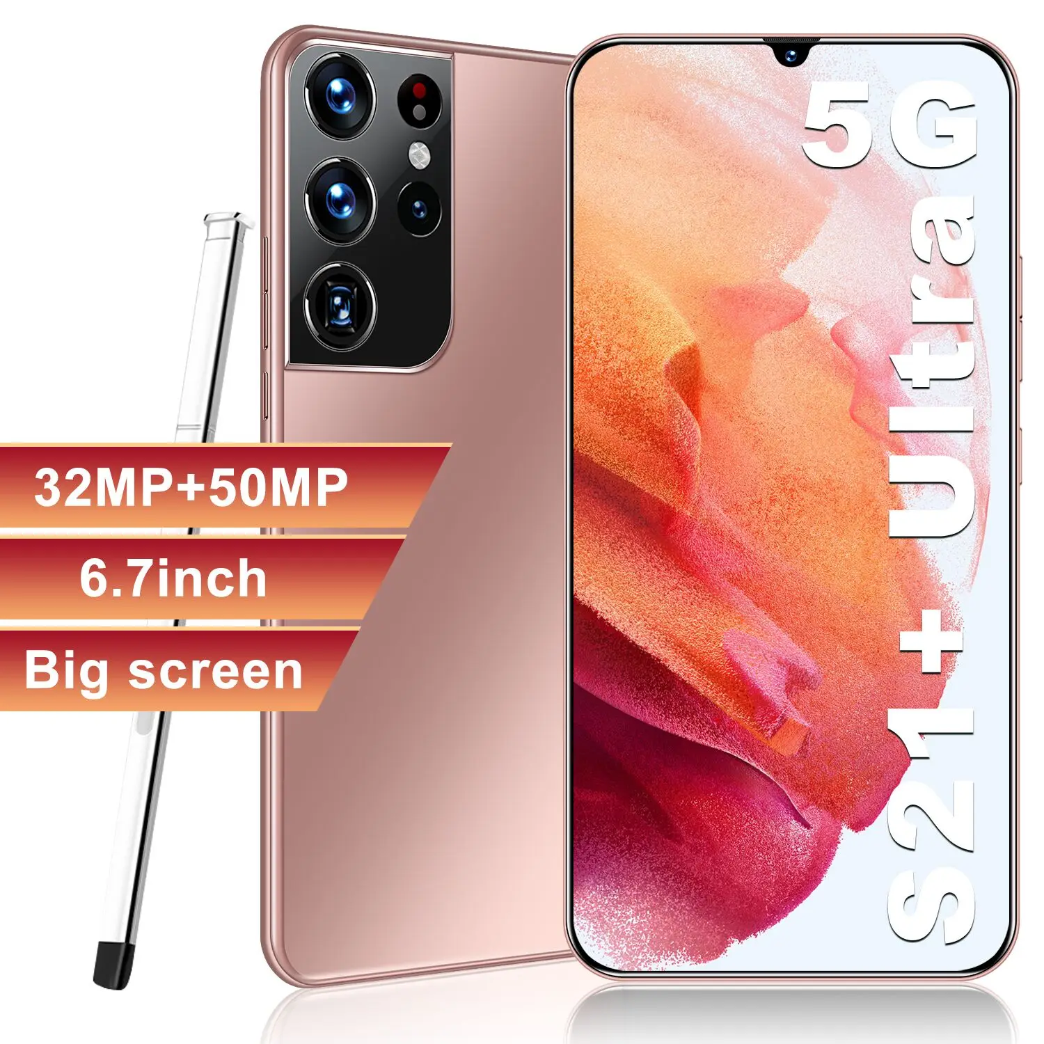 

S21+Ultra Stylus 6.7 Inch 1440*3200 12+256GB 32MP+50MP Andriod 11 Smart Phone 6800mAh 10 Core 5G Network MTK6889 Face ID Celular