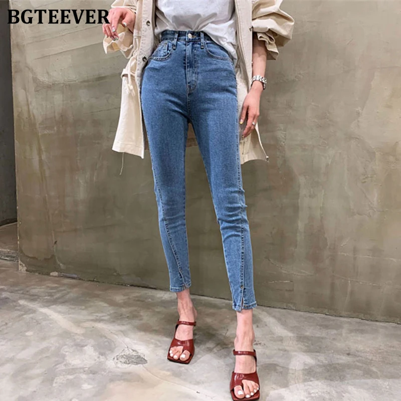 Шикарные Женские джинсы BGTEEVER с высокой талией и Боковым Разрезом Эластичные