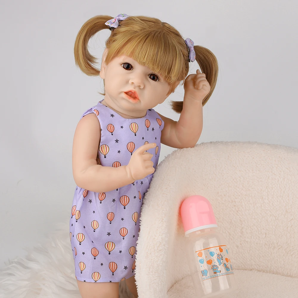 

55CM Baby Doll Reborn With Floral Skirt Lifelike Full Silicone Body Doll With Crooked Mouth Adorable Handmade Bonecas Toy