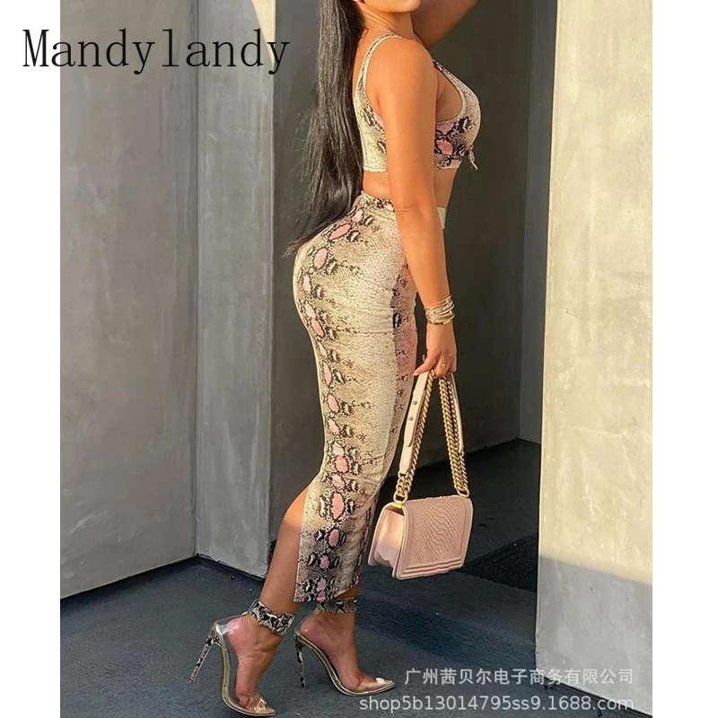 

Mandylandy Summer Fashion O-Neck Backless Spaghetti Strap Top + High Waist Pencil Skirt Suit Women's Sexy Slim Fit Printing Suit