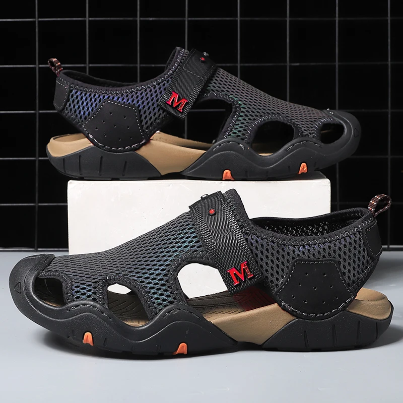 

Shoes Men's Sandals Baotou Hollow Mesh Sandals Men's Outdoor Beach Shoes Hiking Shoes Flat Non-slip Sandals New 2021 Casual