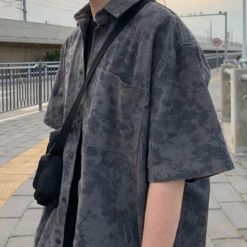 

Men Shirts Tie Dye Turn-down Collar Short Sleeve Loose Plus Size 3XL Fashion Harajuku All-match Summer Daily Outwear BF Ulzzang