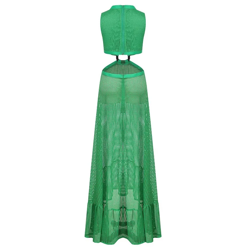 

2020 New Fashion Womens Summer Solid Sleeveless Beach Bohemian Style Halter V-Neck See-through Maxi Long Sundress