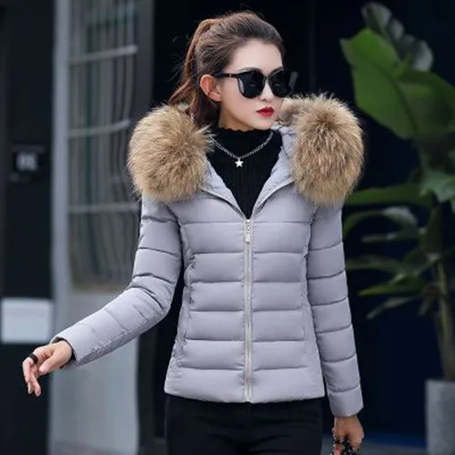 gray Parkas Зимнее пальто, женская парка с капюшоном, тонкий меховой воротник, хлопковые куртки, пальто для женщин, теплая черная короткая женская куртка, верхняя одежда размера плюс - Цвет: gray Parkas
