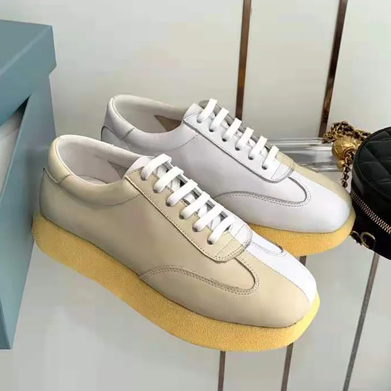 

Spring autumn Thick Sole Casual Shoes Women Flat Mixed Color Lace Up real leather Sneakers Outdoor comfor Walk Tennis Shoes 2021