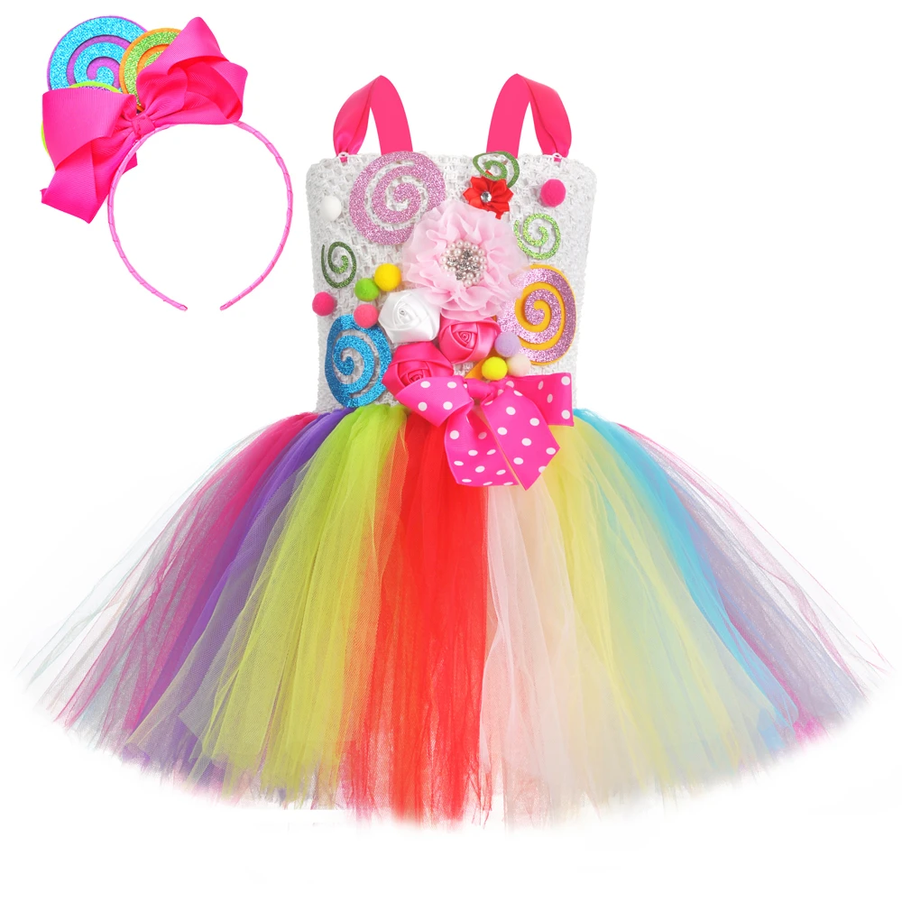 

Rainbow Princess Girls Candy Dress for Birthday Halloween Costume for Kids Girl Sweet Lollipop Flower Girl Dresses with Headband