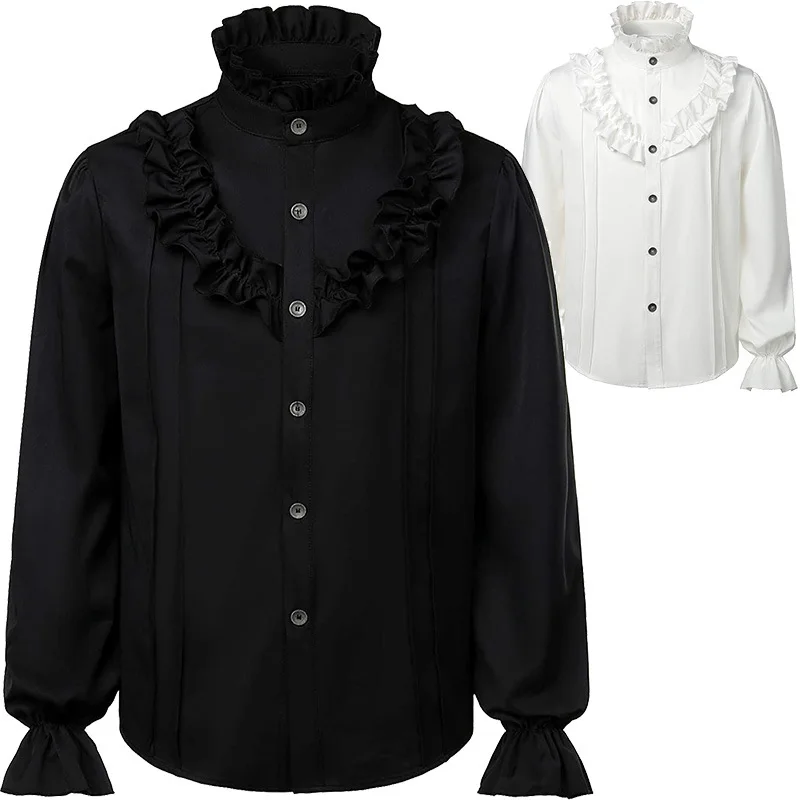 

Victorian White Stand Collar Long Sleeves Mens Shirt Steampunk Tops Medieval Cosplay Costumes Vintage Gothic Clothing
