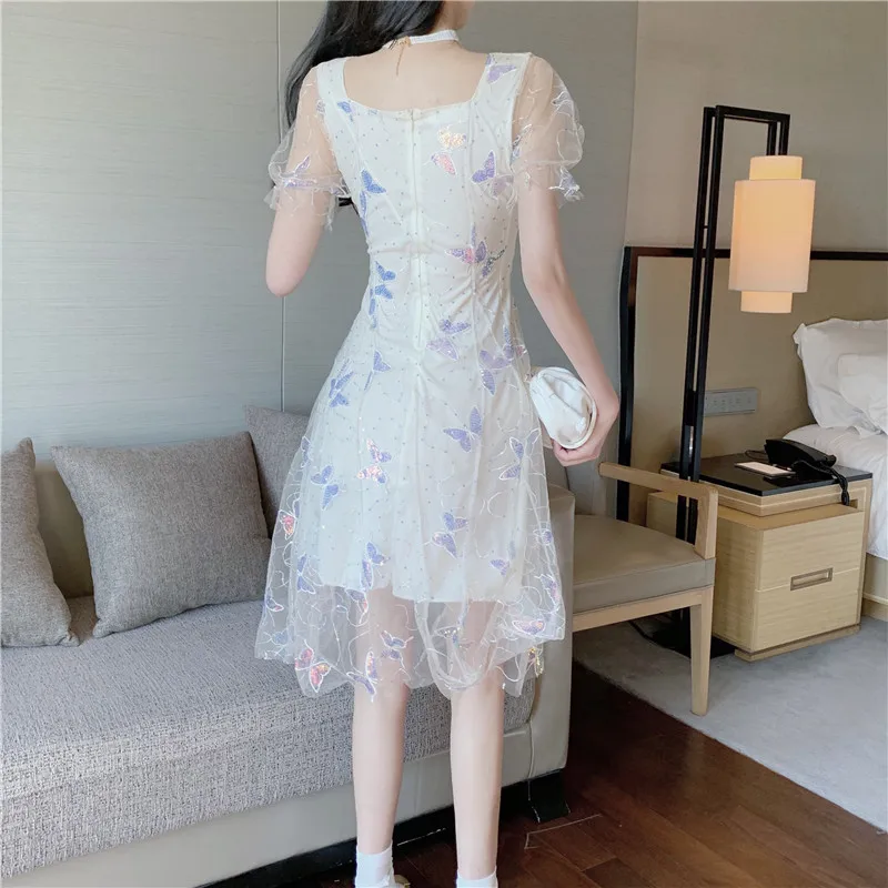 Элегантное платье с бабочками в Корейском стиле на лето милое квадратным вырезом