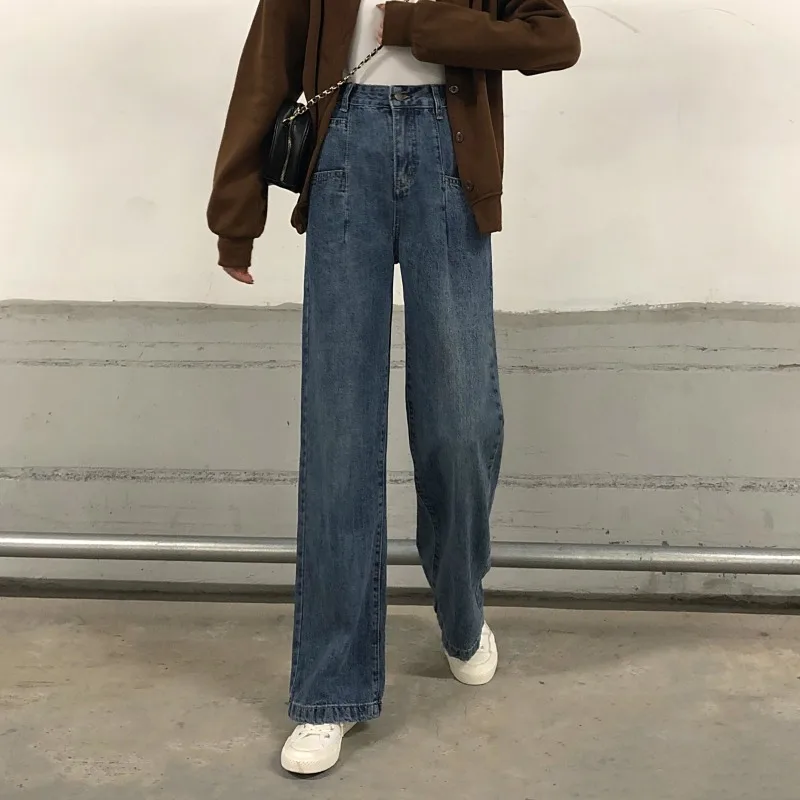 

Spring New Ins High Waist Retro Blue Wide-Leg Pants 2021hong Kong Style Loose Mop Jeans Women's Trousers