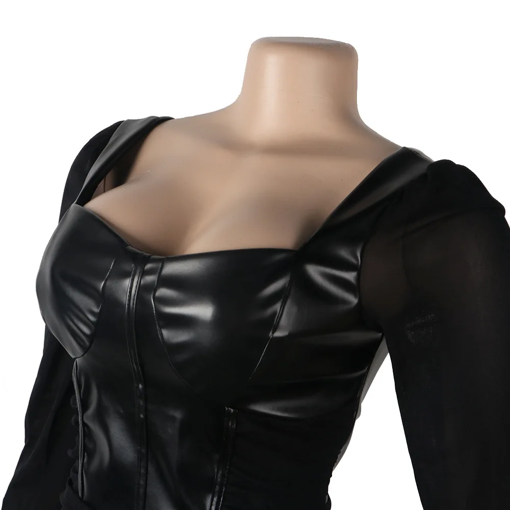 

Solid Mesh Bodycon Dress Women Long Sleeve Fashion Dresses Party Clubwear Sexy Female Aequare Neck Pu Patchwork Dress