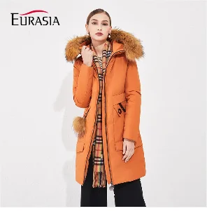 Женская длинная зимняя куртка EURASIA, новая брендовая стильная парка с воротником из натурального меха, плотная верхняя одежда с капюшоном, Y170022, зима
