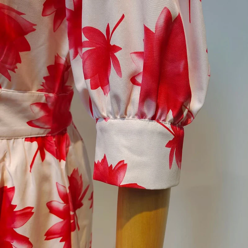 

VGH Elegant Print Female Dress Stand Collar Short Sleeve High Waist Hit Color Casual Dresses Female Fashion New Clothing 2021