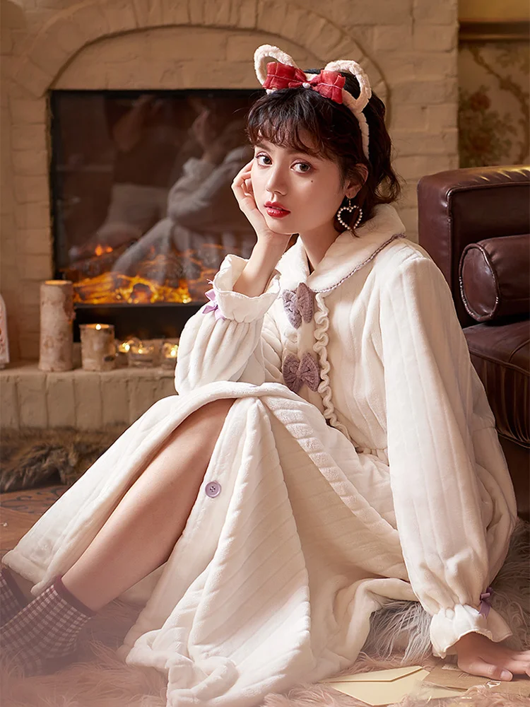 

Dressing Gowns for women Winter Plush Lengthened Shawl Bathrobe Home Clothes Long Sleeved Robe Coat Nightdress Nightgown Nighty