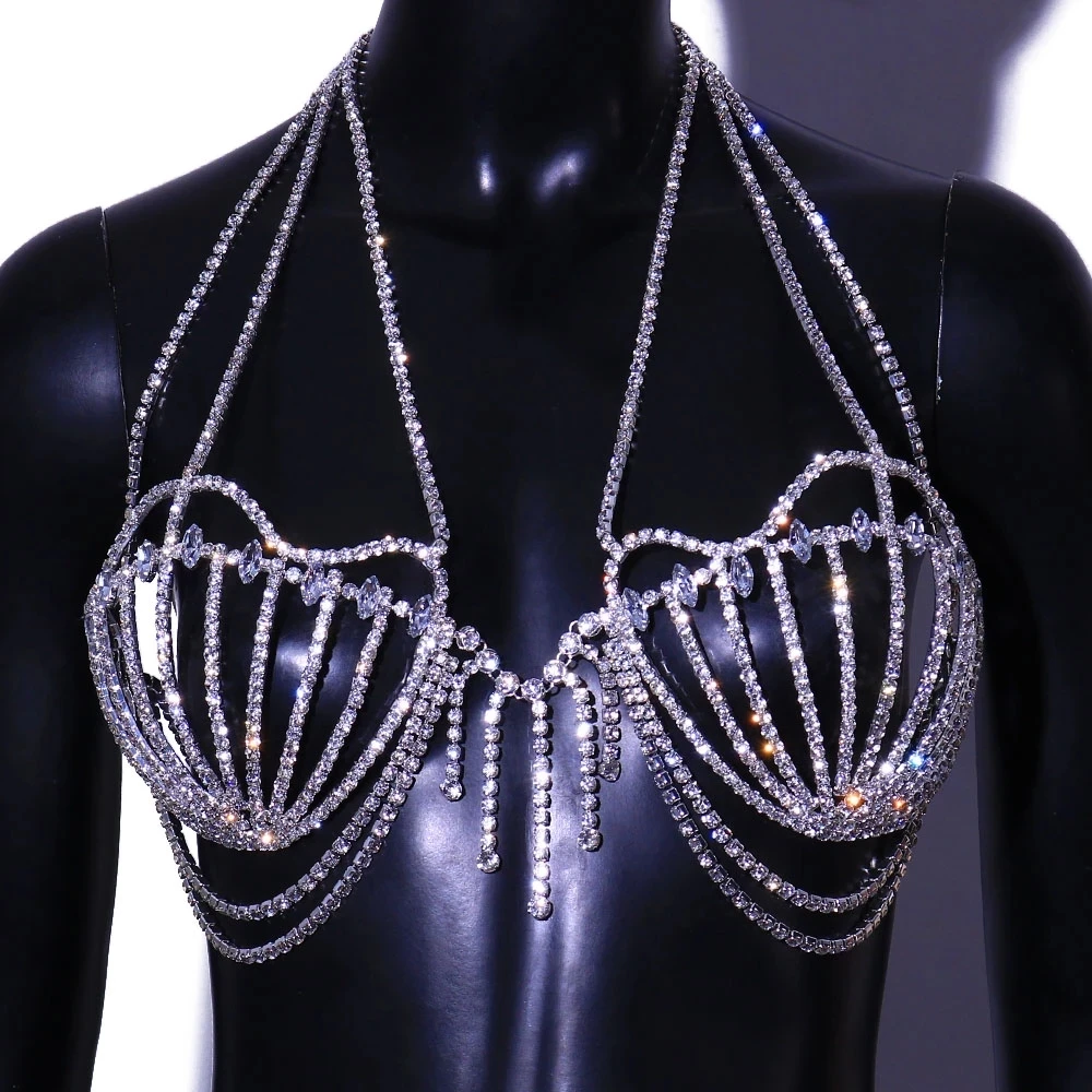 Stonefans New Sea Shell Bra Top Woman Crystal Lingerie Chain Apparel Stripper Outfit Dancewear Exotic Lingerie Wholesale Pendant images - 6