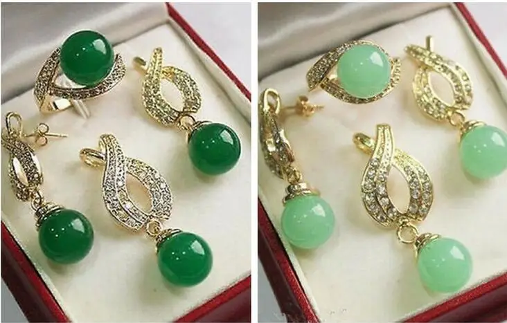 

New Jewelry Jewelry AAA 12mm Green jade Pendant Necklace Earrings Ring set