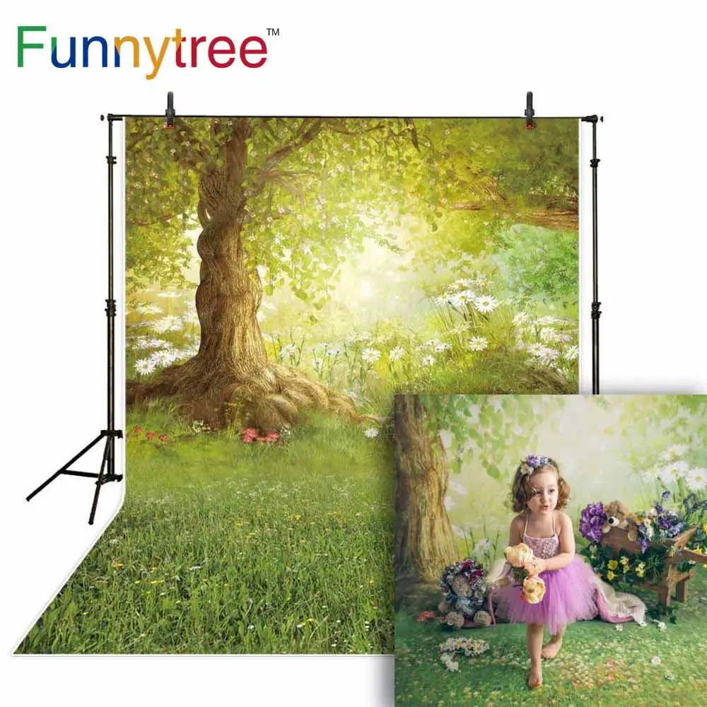 

Фон для фотосъемки весенний пейзаж с изображением деревьев, луга, цветов, сказок