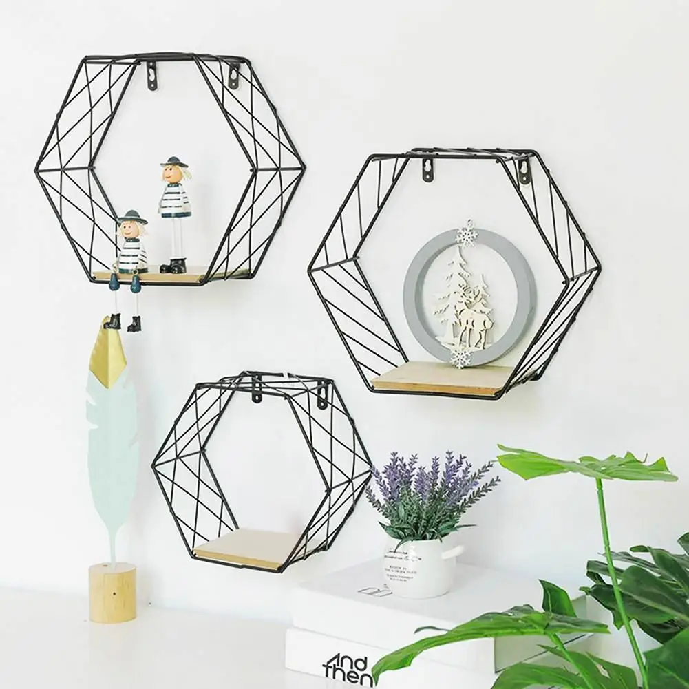 Железная шестиугольная сетчатая настенная полка подвесная для хранения декор