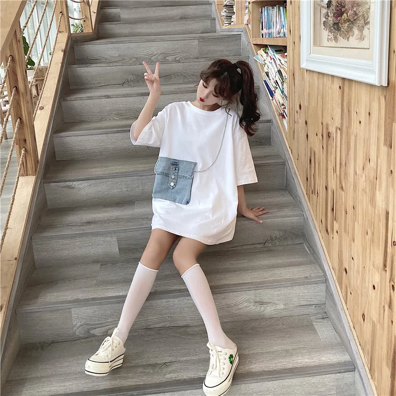 

YTX1772 women 2021 new Korean fashion denim pocket chain top loose mid-length short-sleeved t-shirt