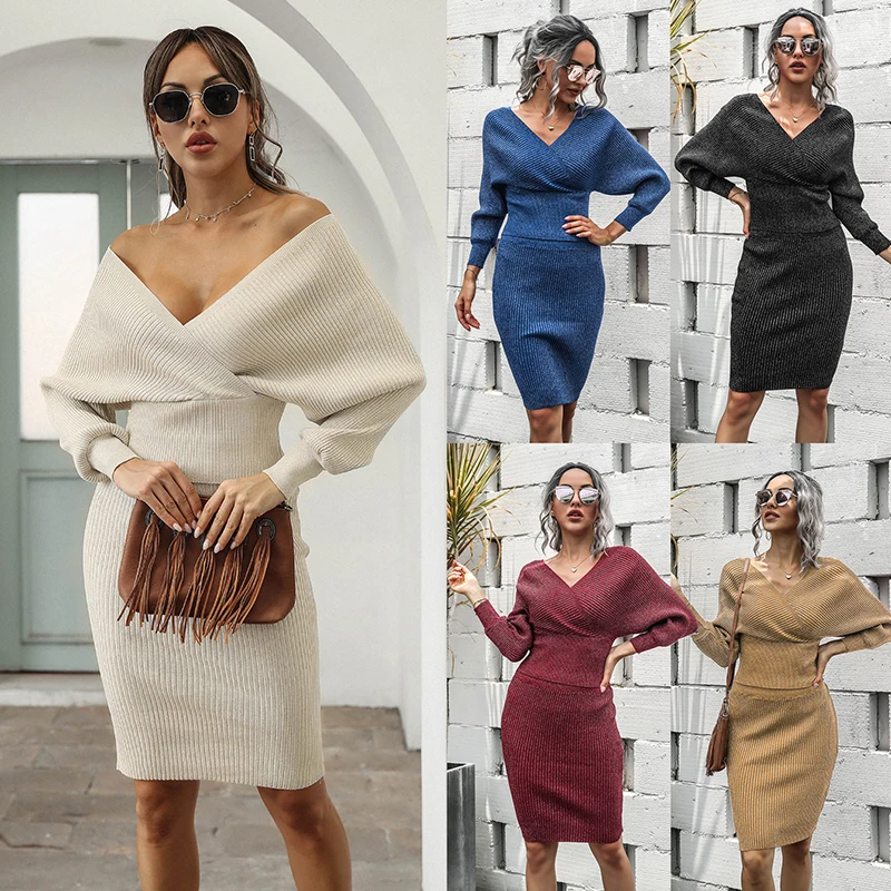 

2 Piece Set 2021 New Sexy V-neck Knitted Dress Frauen Batwing Sleeve Weibliche Pullover Kleid Elegante Reine Damen Bodycon Midi
