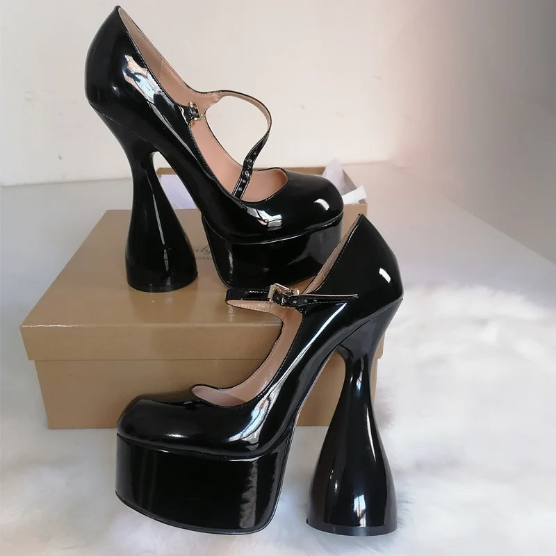 Onlymaker Women Pumps Platform Black Patent Leather Spike High Heels Slip-On Buckle Big Size Fashion Elegant Mary Jane Pumps