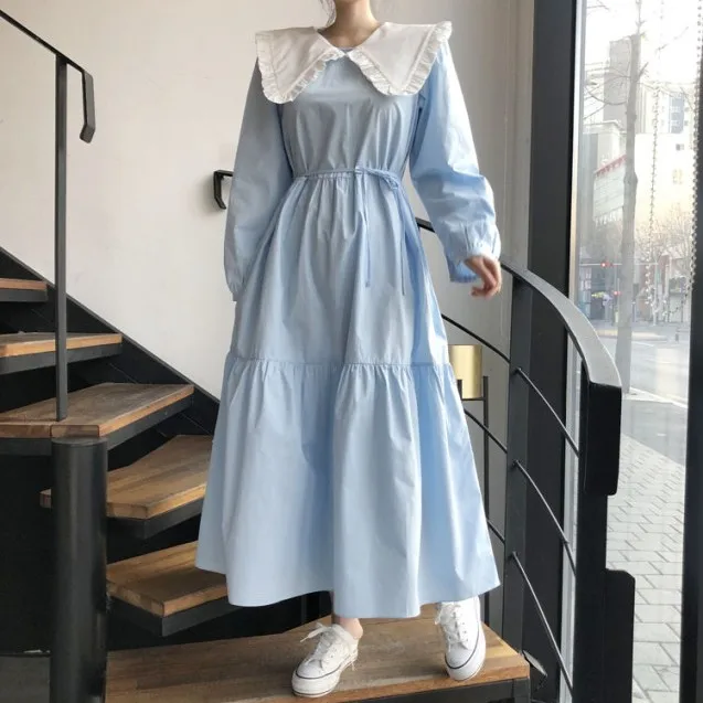 

South Korea Chic Sweet Ruffled Matching Color Peter Pan Collar Loose Mid-length Lace-up Waist-Controlled Slimming Spring Dress