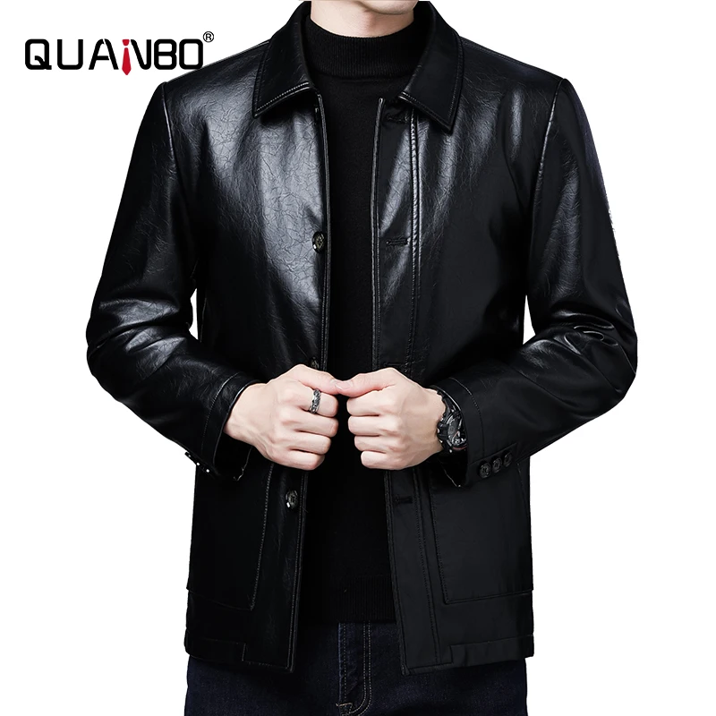 Мужская куртка из ПУ кожи с отложным воротником на весну/зиму|Куртки