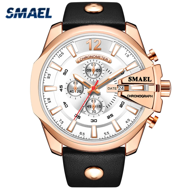 

SMAEL Quartz Watches for Men Leather Strap Male Wristwatches Top Luxury Brand Business Rose Gold Dial Men's Clock Reloj Hombres