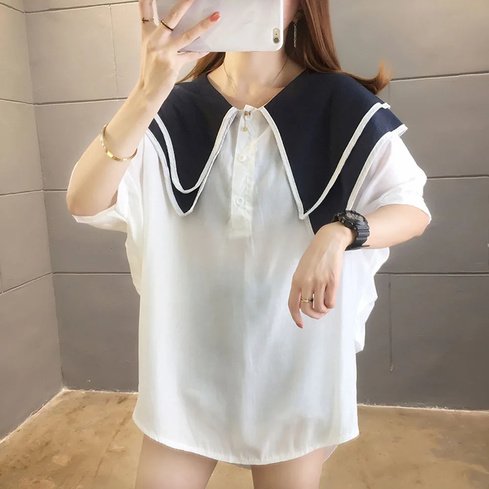 

Japanese Korean Version Blouse Women's Fashion 2021 Summer Loose Casual Simple Splicing Doll Collar Summer