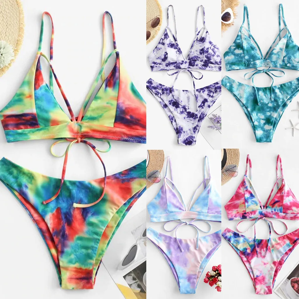 

Women's Sexy Tie-Dye Lace Up High Cut Leg Sling Bikini Set Two Piece Swimsuit Summer Swimwear Beachwear micro bikini mujer 2020