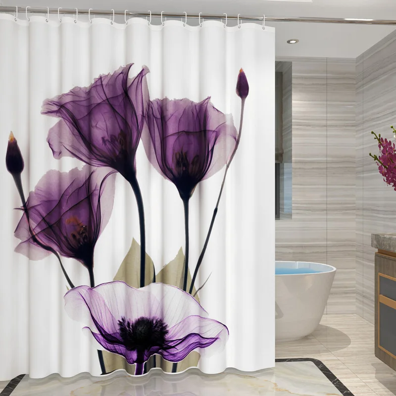 3D Purple Tulip Flower Printed Bathroom Curtain Polyester Waterproof Home Decor With Hook 180x200cm | Дом и сад