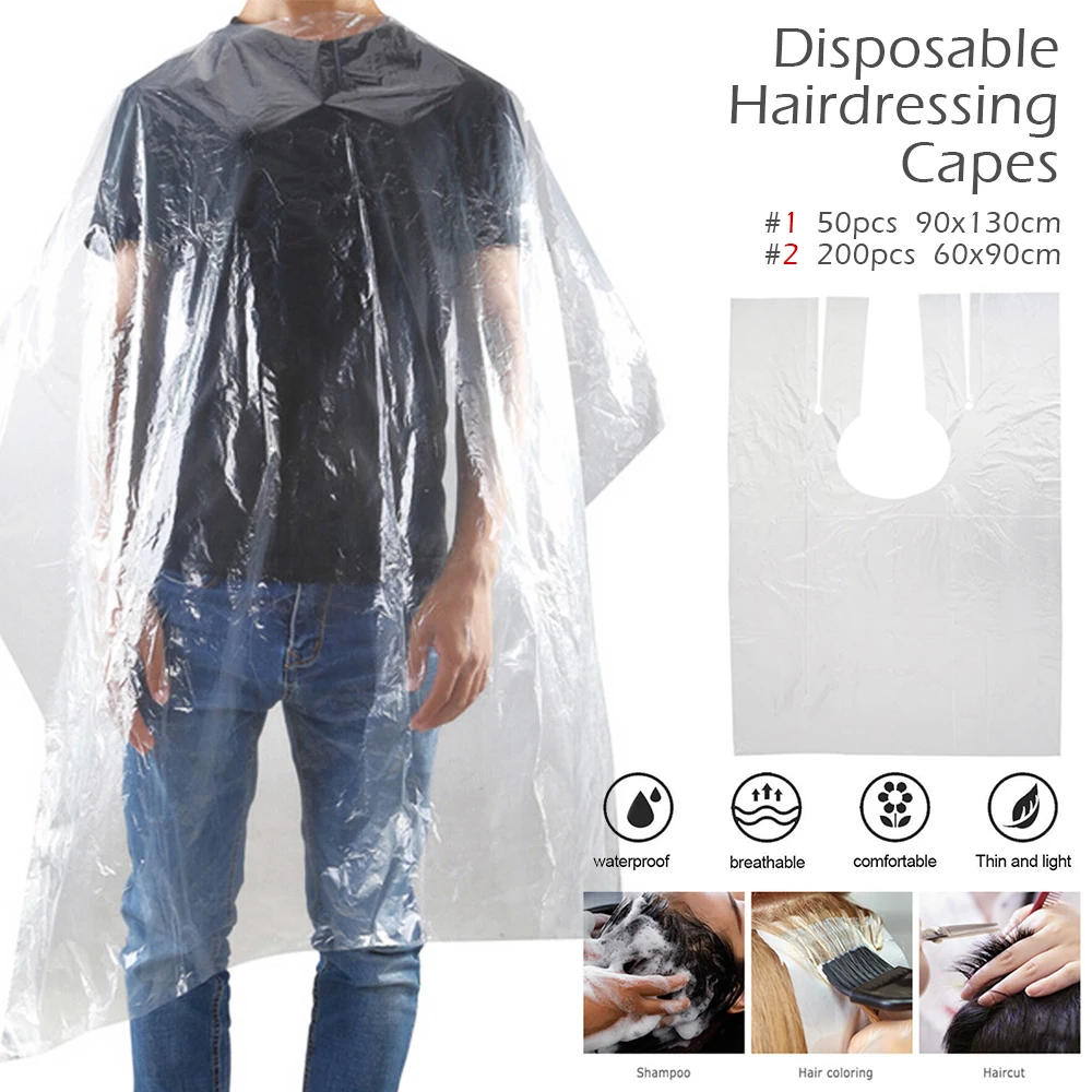 

50/200 Pcs Disposable Hairdressing Capes PE Waterproof Apron Cutting Perm Dye Hair Cape Barber Transparent Hairdressing Cloth