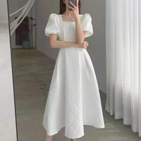 casual elegant one piece dress women solid slim korean vintage party midi dress short sleeve summer light clothes for women 2021
