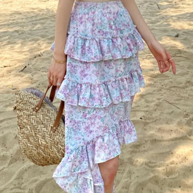 

Sweet Skirts Suits All-match Solid Hollow Little Fairy Top + High Waist Print Floral Small Fresh Irregular Skirt Two Piece Sets