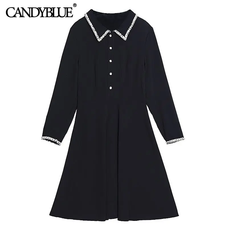 

Polo collar Hepburn style black dress 2022 spring new color matching nine-point sleeve high-waist A-line mini dress female