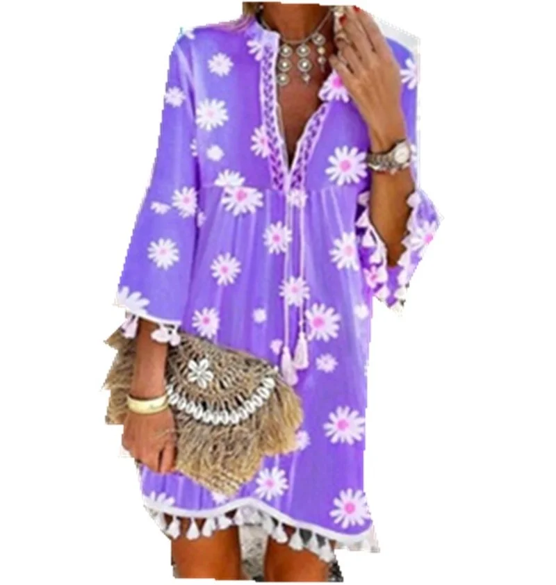 

2021 Print Bohemian Women Dress Three Quarter Sleeve Women Dress Loose Waist Placket Lace Up Tassel Lady Dress