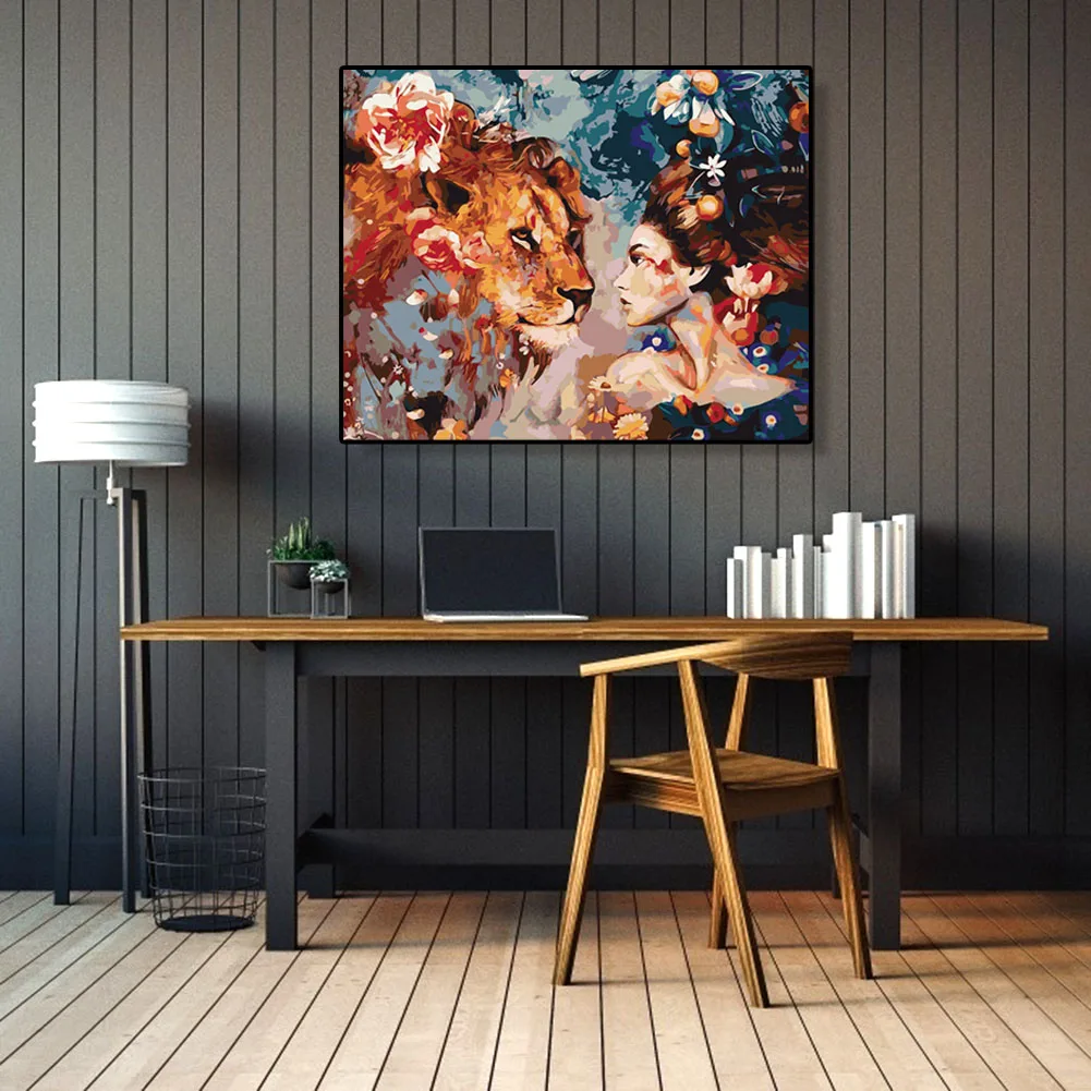 Масляная краска для девочек Лев в рамке сделай сам по номерам красочная взрослых