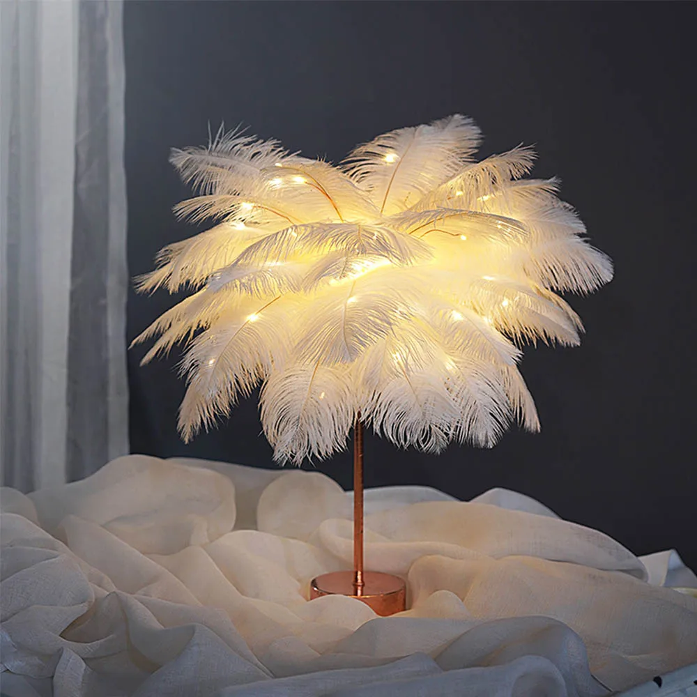 Feather Table Lamp Bedroom Bedside Night Lights Ins Modern Warm Lamps Lover Wedding Gifts Room Bedside Art Decorative Lamp