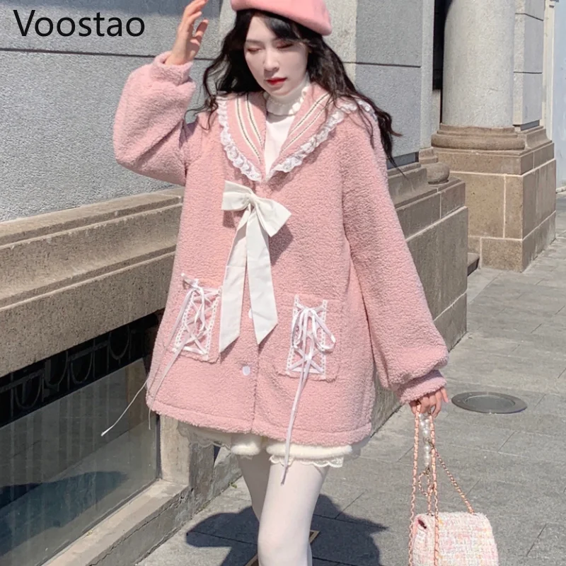

Женская флисовая Шуба в Стиле Лолита, розовая теплая куртка с кружевом и бантом, Свободное пальто в Корейском стиле для девушек, Осень-зима
