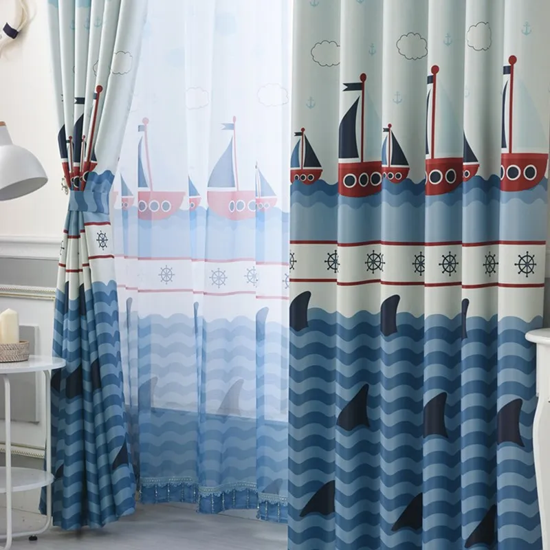 

Finished in the Mediterranean Sails Boat Cartoon Children's Bedroom Floor Floating Curtains for Kids Boys Fabric Blinds S269&C