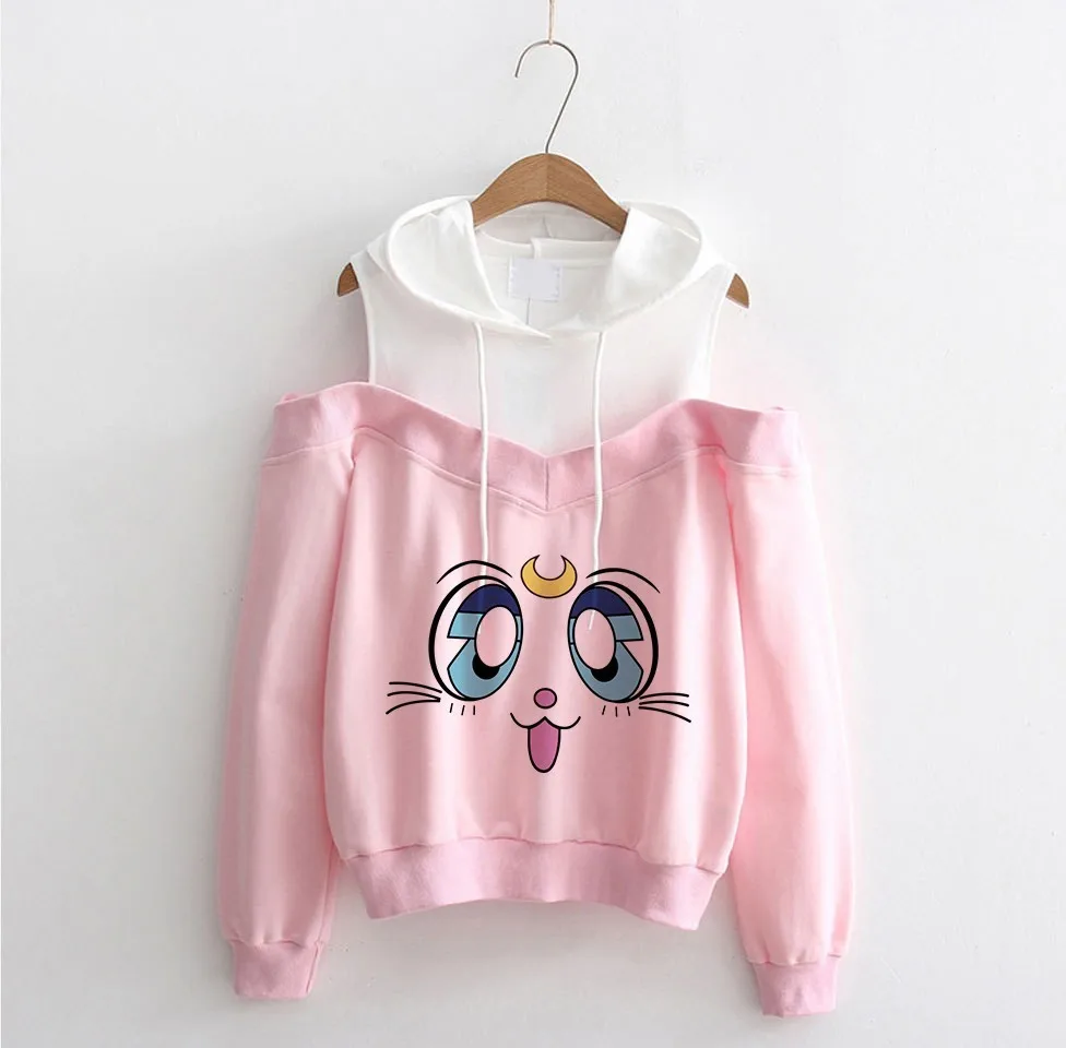 

Personality New Fashion Sailor Moon Off Shoulder hoodie Kawaii Clothing Women Harajuku Hoodies Off Shoulder Sweatshirt