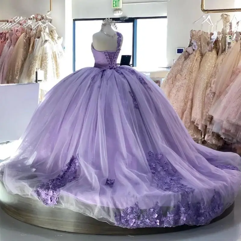 2021 lilas Robes de Quinceanera avec Dentelle Appliques Robe d'anniversaire pour 16 ans Perlée Une Épaule robes de 15 ans Gonflé Train  (0)