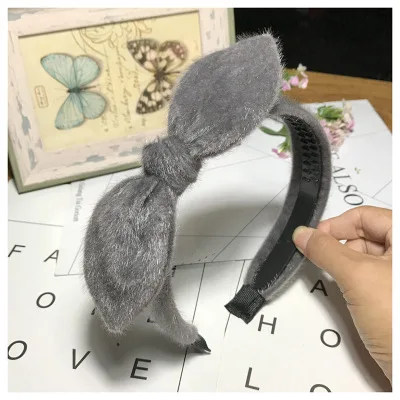 Gray 1 шт., новинка, повязка на голову, однотонные аксессуары для волос, повязка на голову с бантом, милые головные уборы с кроличьими ушами, норковый мех, обруч для волос - Цвет: Gray
