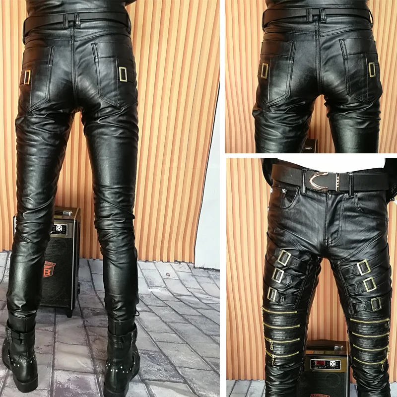Брюки мужские зимние на молнии облегающие черные кожаные брюки узкие в стиле хип