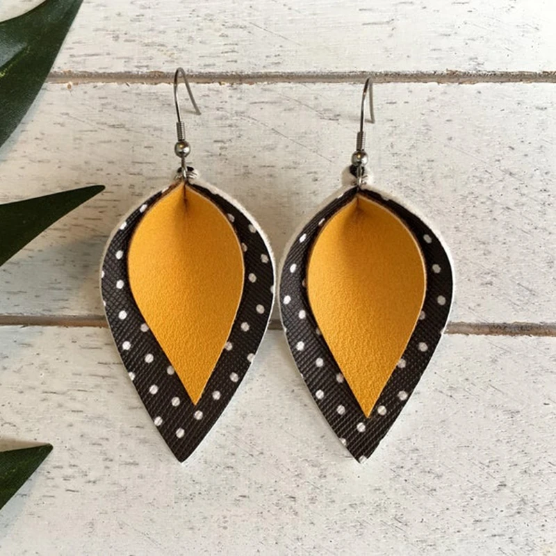 

2020 NEW ! New! Mustard Yellow Black Polka Dot Earrings, Faux Leather Earrings Two Layers Earrings