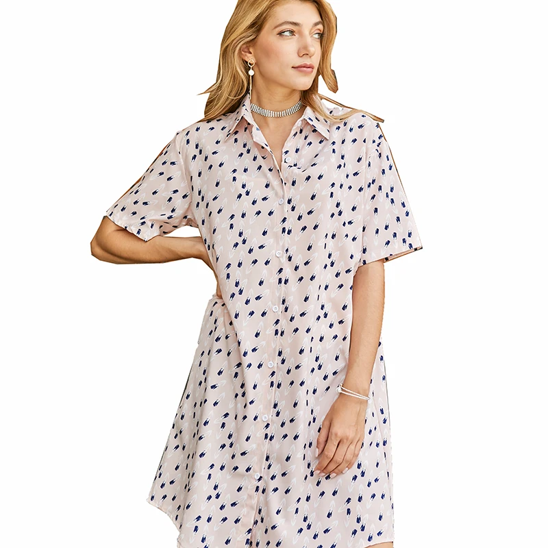 

YOMING YM29 Fashion Small Dots Print Long Blouses Tops Turn-down Collar Short Sleeve Buttons Style Shirts Streetwear