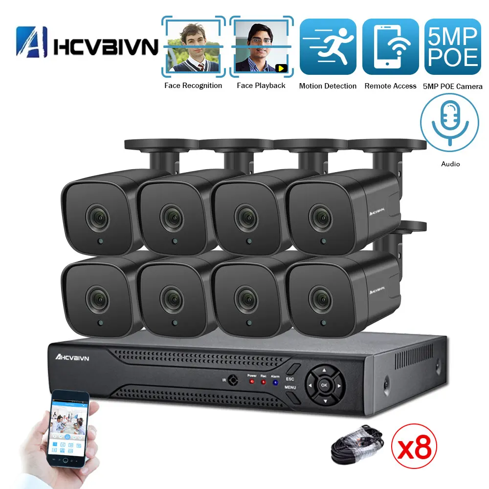 

AHCVBIVN Audio AI POE IP Camera Face Detection H.265 8CH 5MP POE NVR Kit CCTV Security System Outdoor Video Surveillance