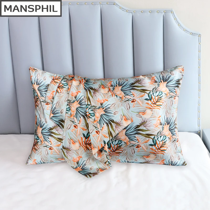 

100% Pure Silk Pillowcase for Bed With Hidden Zipper Luxury Designer Pillow Case Cushion Cover Mansphil Strelitzia Floral Print