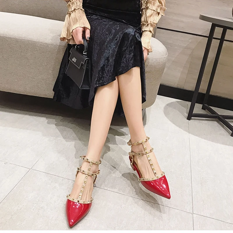 Women's Sandals 2020 New Baotou Word Buckle Thick Heel Pointed Rivets High Heels Fashion Women's Shoes Orange Wild Sandals Women